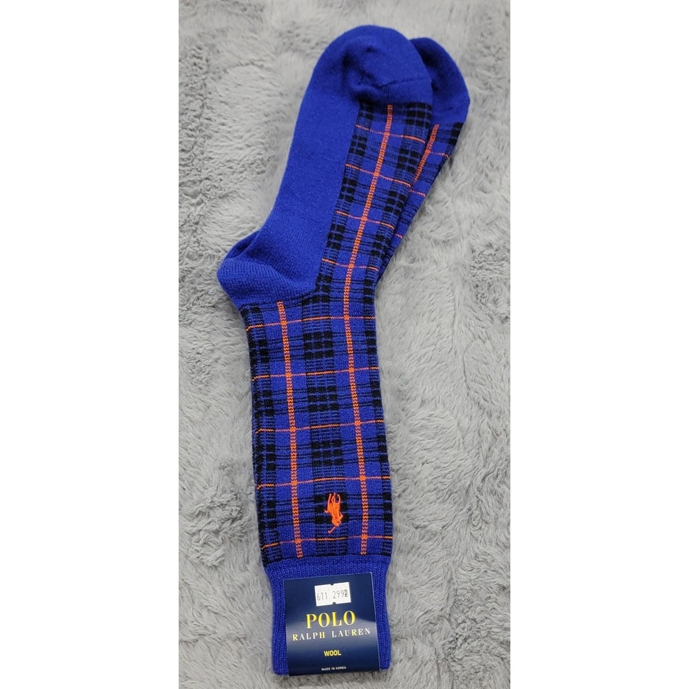 Polo Ralph Lauren Wool Socks Mens 10-13 Royal Blue Plaid Pony Mid Calf Thermal